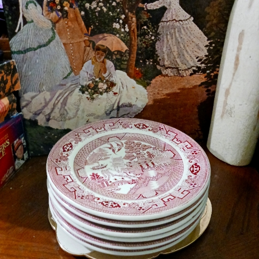 6 Walker China Red 🥗5" Plates White with 🎎Red Oriental Scenes,🎋USA made.🎁🇱